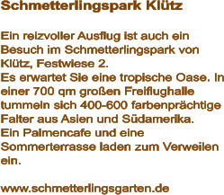 Schmetterlingspark Klütz  Ein reizvoller Ausflug ist auch ein Besuch im Schmetterlingspark von Klütz, Festwiese 2. Es erwartet Sie eine tropische Oase. In einer 700 qm großen Freiflughalle tummeln sich 400-600 farbenprächtige Falter aus Asien und Südamerika. Ein Palmencafe und eine Sommerterrasse laden zum Verweilen ein.  www.schmetterlingsgarten.de